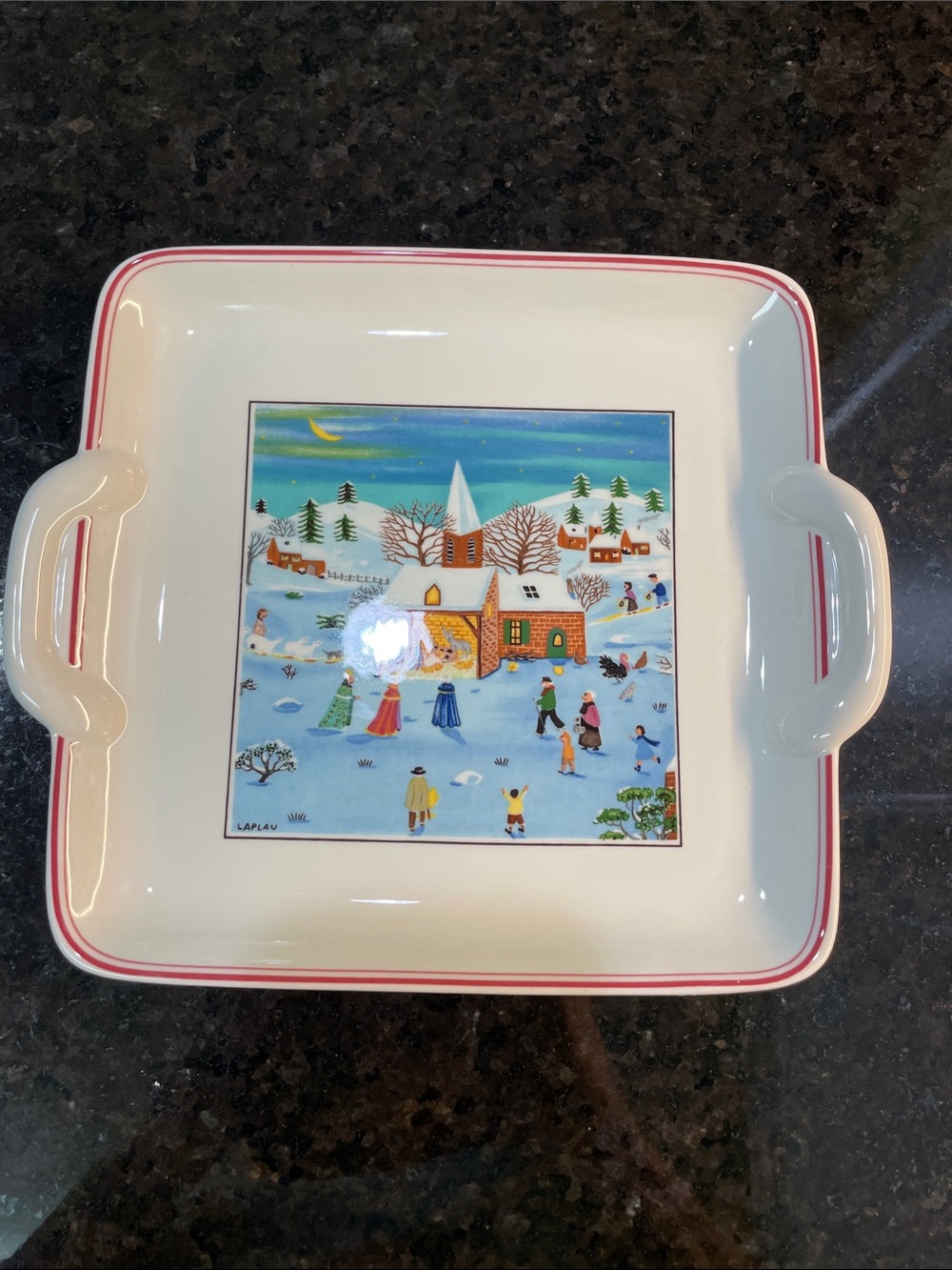 Villeroy & Boch Naif Christmas 8" Square Handled Cake Plate Tray Laplau